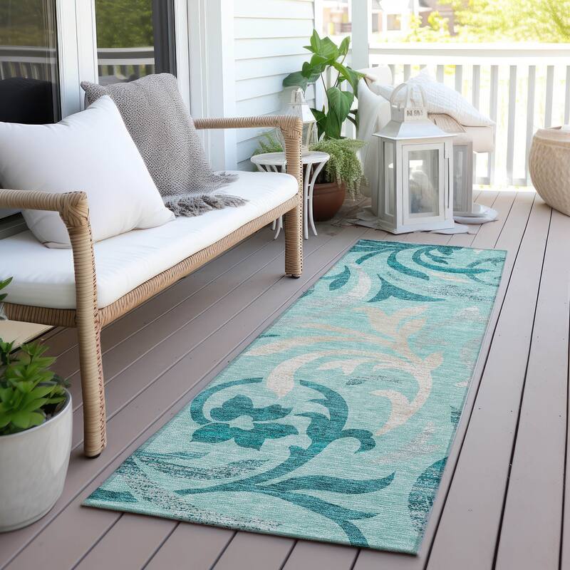 Machine Washable Indoor/ Outdoor Chantille Floral Scroll Rug - Teal - 2'3" x 7'6"