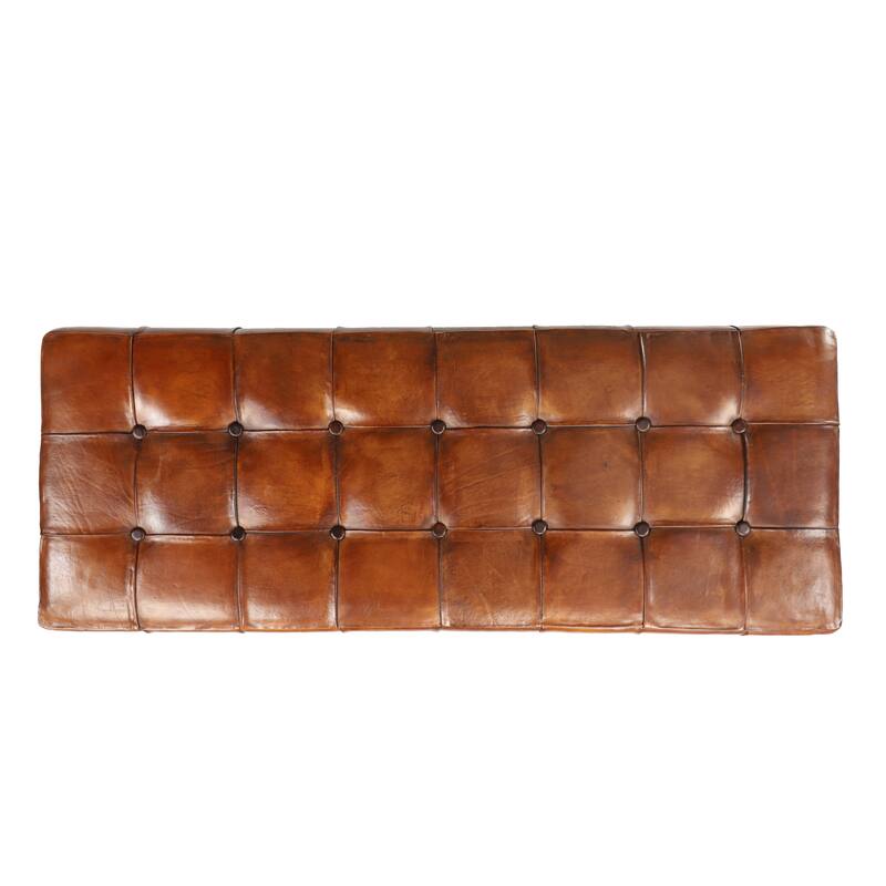 Brown Leather Tufted Upholstered Home Bench with Block Feet