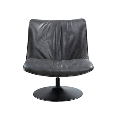 Top Grain Leather Accent Chair with Metal Base with 360 Degree Swivel in Black