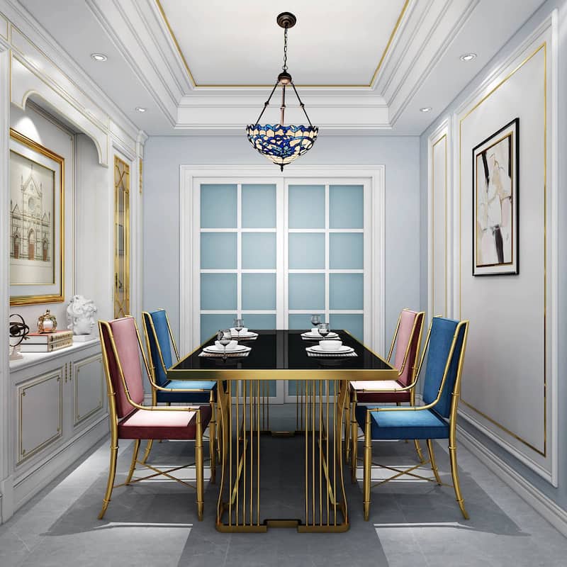 Shelly Blue/White 2-Light Stained Glass Shade Tiffany-Style Chandelier with Floral Design