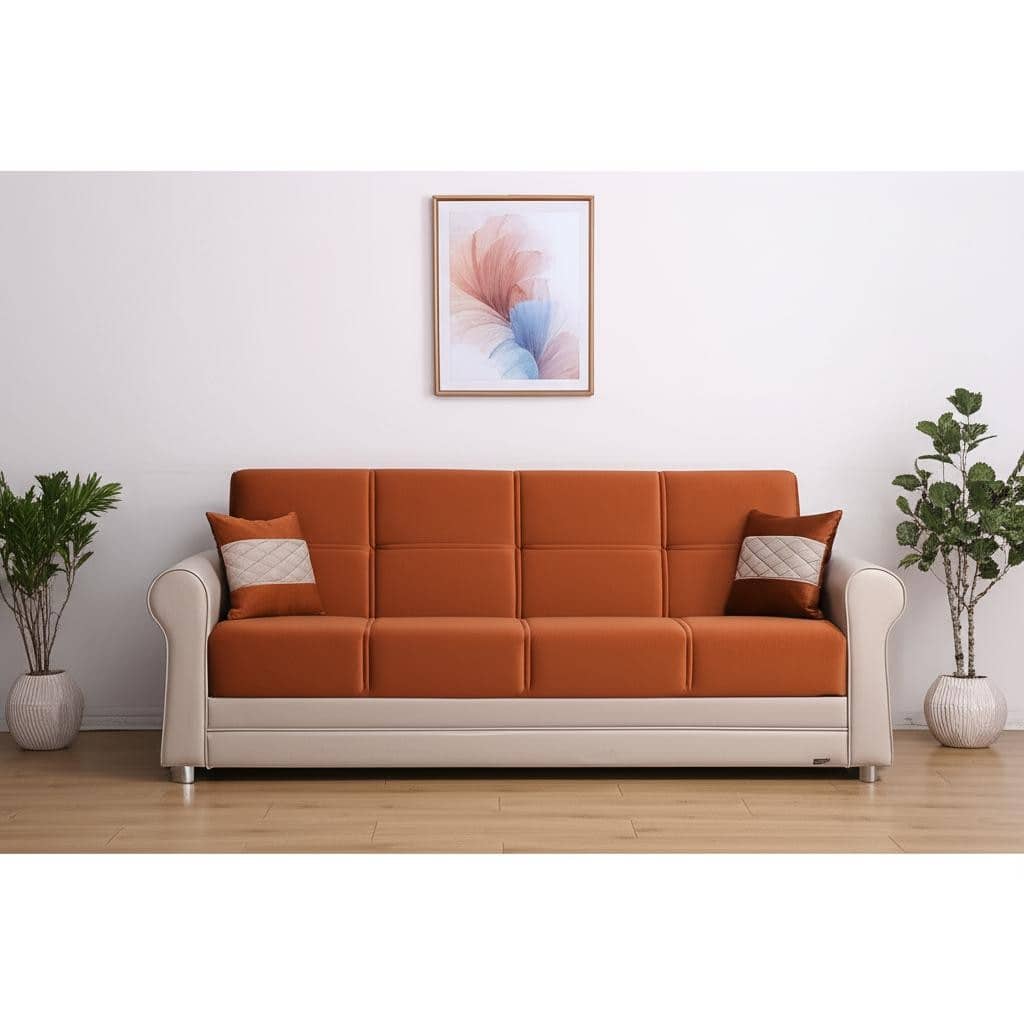 HomeRoots 89" Orange Polyester Convertible Futon Sleeper Sofa And Toss Pillows With Storage