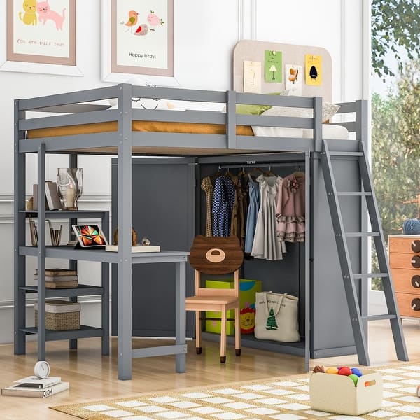 slide 2 of 14, Full Size Loft Bed with Wardrobe and Desk and Shelves, Gray