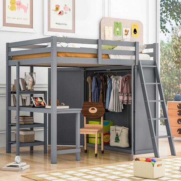 Full Size Multi Functional Loft Bed with All in One Cabinet and Shelf Wooden Bed Frame Build in Study Desk for Kids Teens Gray Bed Bath Beyond 39134559