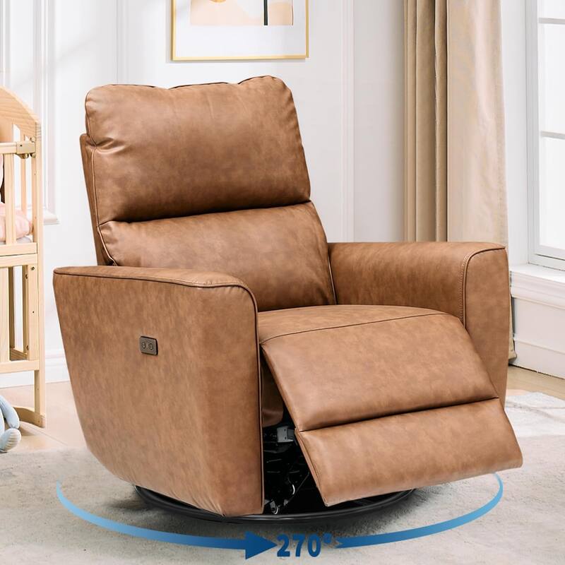 Power Recliner Swivel Chair Rockery Glider PU Leather Nursery Chair with USB Port
