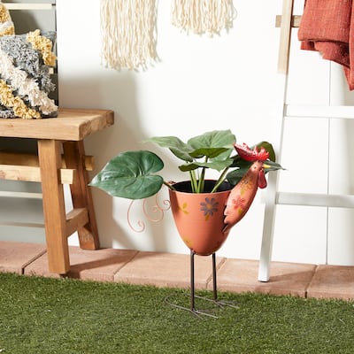 Pink Metal Rooster Indoor Outdoor Planter with Floral Pattern Planter