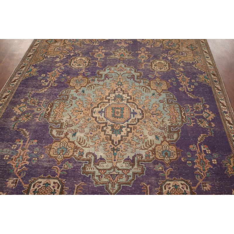 Distressed Purple Tabriz Persian Vintage Area Rug Handmade Wool Carpet - 6'0"x 9'2"