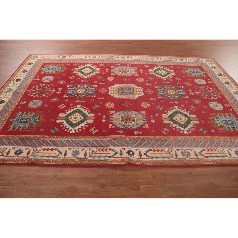 Geometric Red Kazak Area Rug Handmade Oriental Wool Carpet - 6'6" x 9'10"