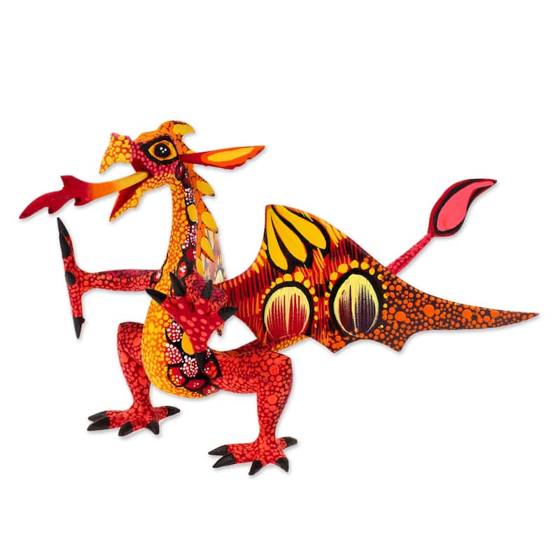 Handmade Copal Wood Dragon Alebrije Sculpture in Red and Orange (Mexico) - 17 cm H x 24 cm W x 15 cm D - 17 cm H x 24 cm W x 15 cm D - Red