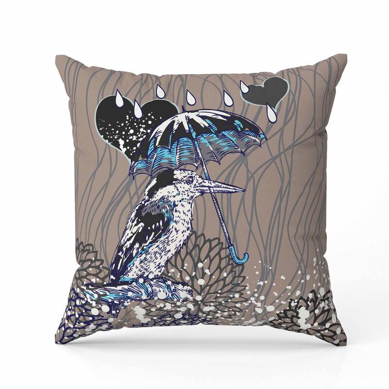 Bird with Umbrella Faux Suede Reversible Throw Pillow Gray and Black