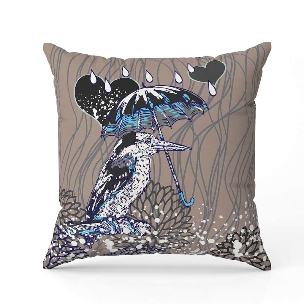 Bird with Umbrella Indoor/Outdoor Reversible Throw Pillow Gray and Black