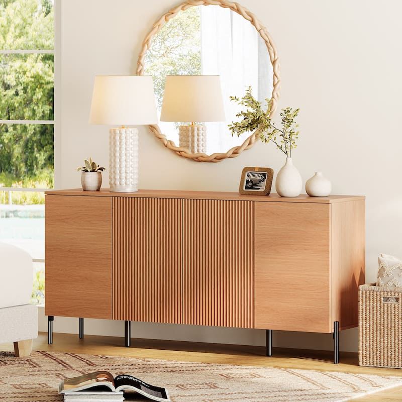 WAMPAT Wooden Reeded Baby Dresser For Bedroom, 61" 4-Door Cabinet For Kids, Mid Century Modern Closet Storage Organizer