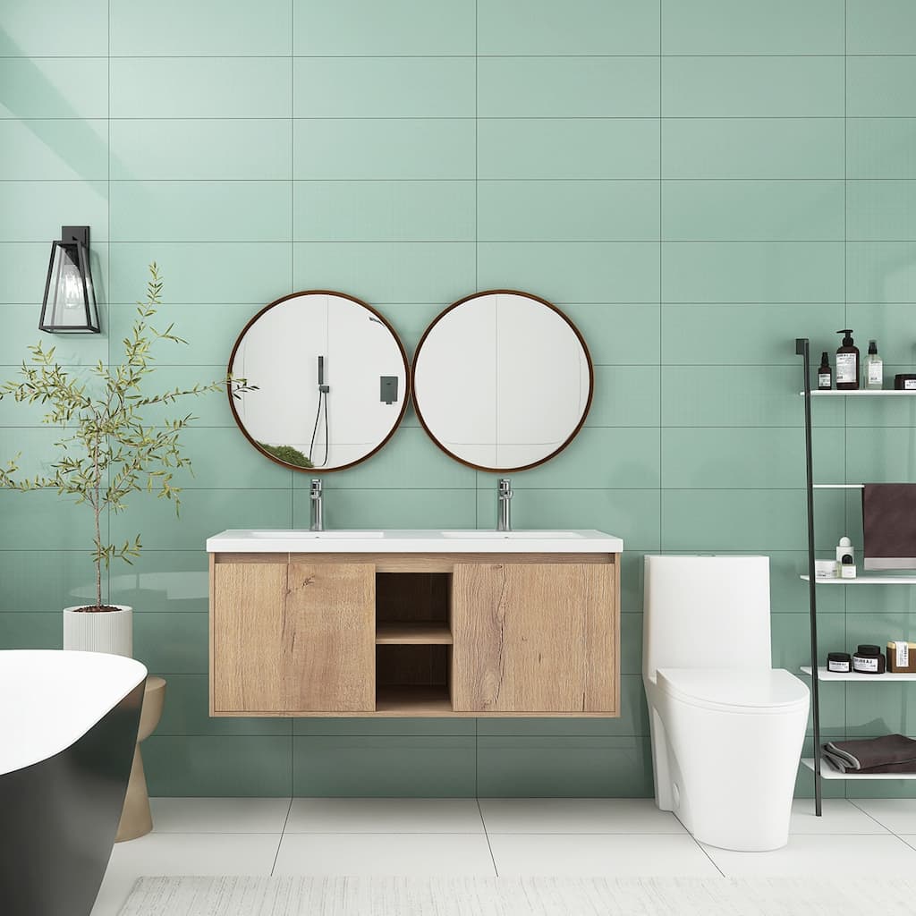 48 Inch Plywood Wall-Mounted Bathroom Vanity Set in Imitative Oak with Integrated Double Resin Sink