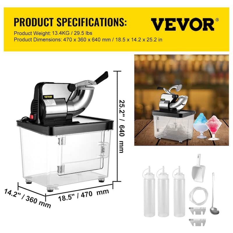 110V Commercial Ice Crusher 440LBS/H, ETL Approved 300W Electric Snow Cone Machine with Dual Blades, with Safety On/Off Switch