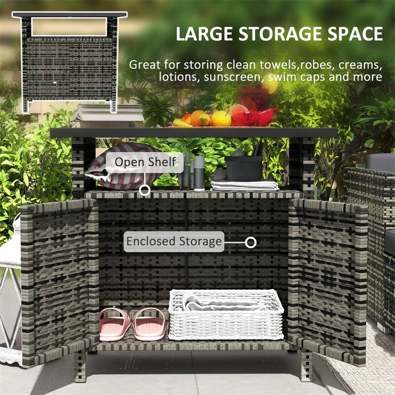 Outdoor Shoe Cabinet with PE Wicker Doors and Metal Tabletop - 35.4" L x 20.9" W x 33.5" H