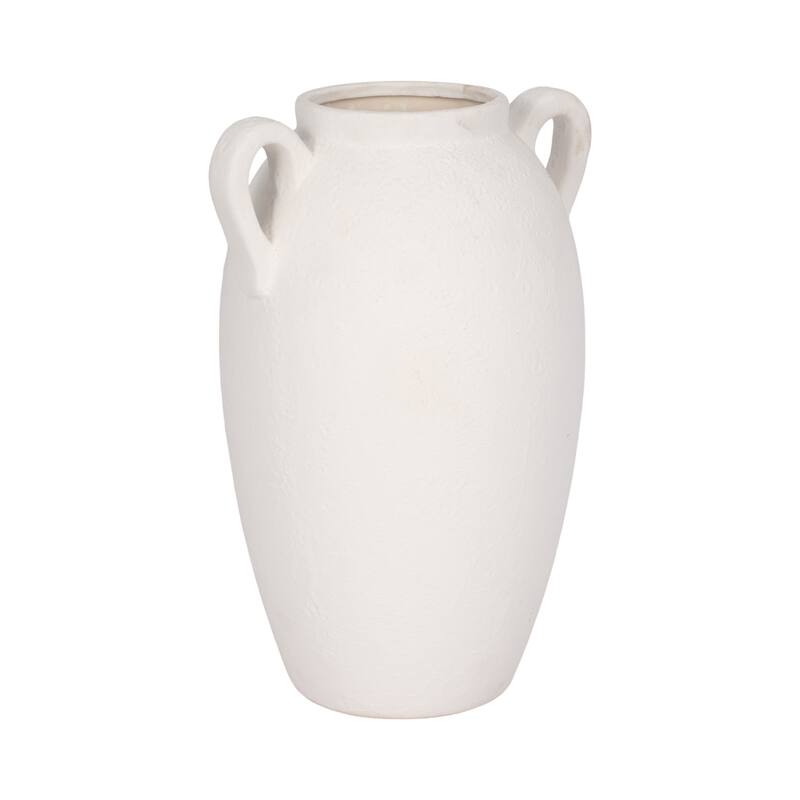 Neutral Ceramic Textured Amphora Jug with Handles Vase - White