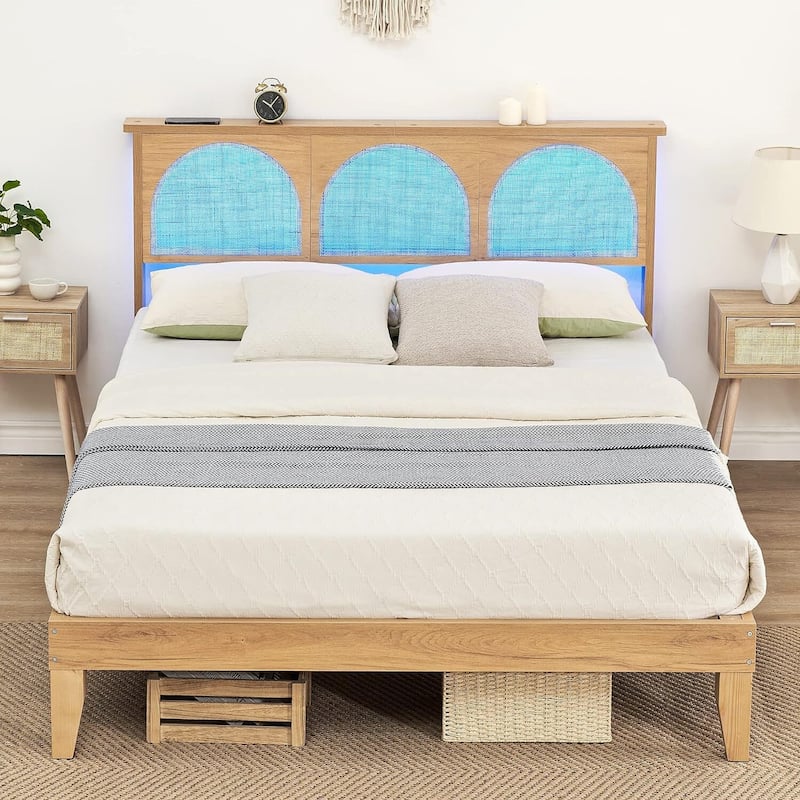 Bed Frame with Natural Rattan Headboard