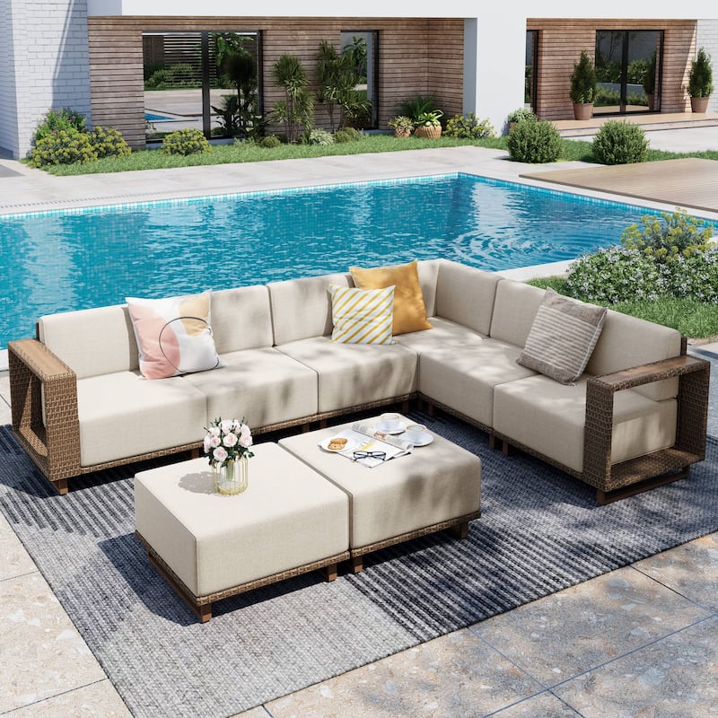 MAISON ARTS Modular Rattan Patio Sofa Set, All-Weather PE Wicker 4/6/8-Seat Outdoor Sectional with Thick Cushions - G.