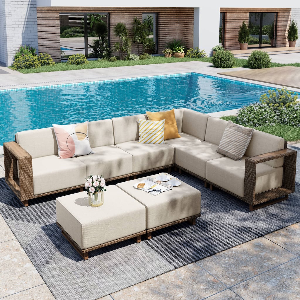 MAISON ARTS Modular Rattan Patio Sofa Set, All-Weather PE Wicker 4/6/8-Seat Sectional, Stationary or Swivel Chairs