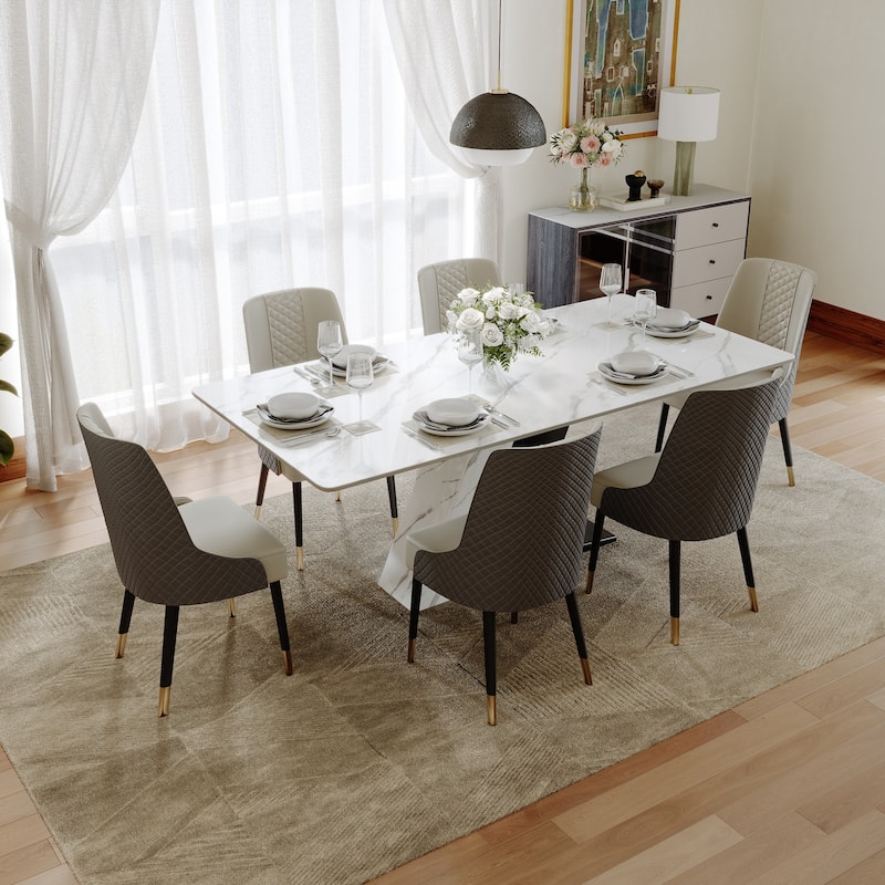 Modern Luxury White Rectangular Dining Table with Glossy Sintered Stone Tabletop, White Z-shaped Stainless Steel Base