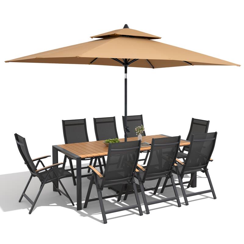 9/11-Piece Outdoor Patio Dining Set Aluminum Dining Table and Chairs w/10 ft Market Umbrella and Base with Wheels