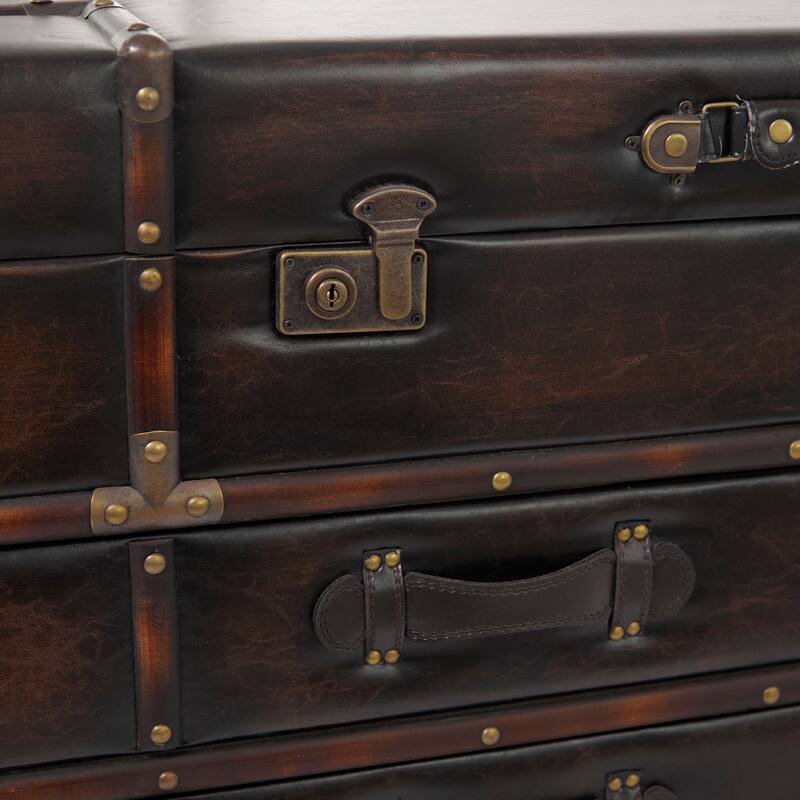 Brown Faux Leather Vintage Faux Leather 2 Drawer Living Room Coffee Table with Buckle Hinged Top