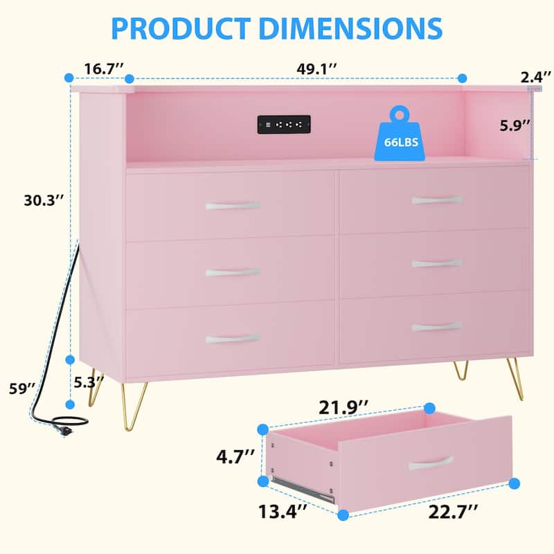 White Dresser with LED Light for Bedroom 6 Drawer