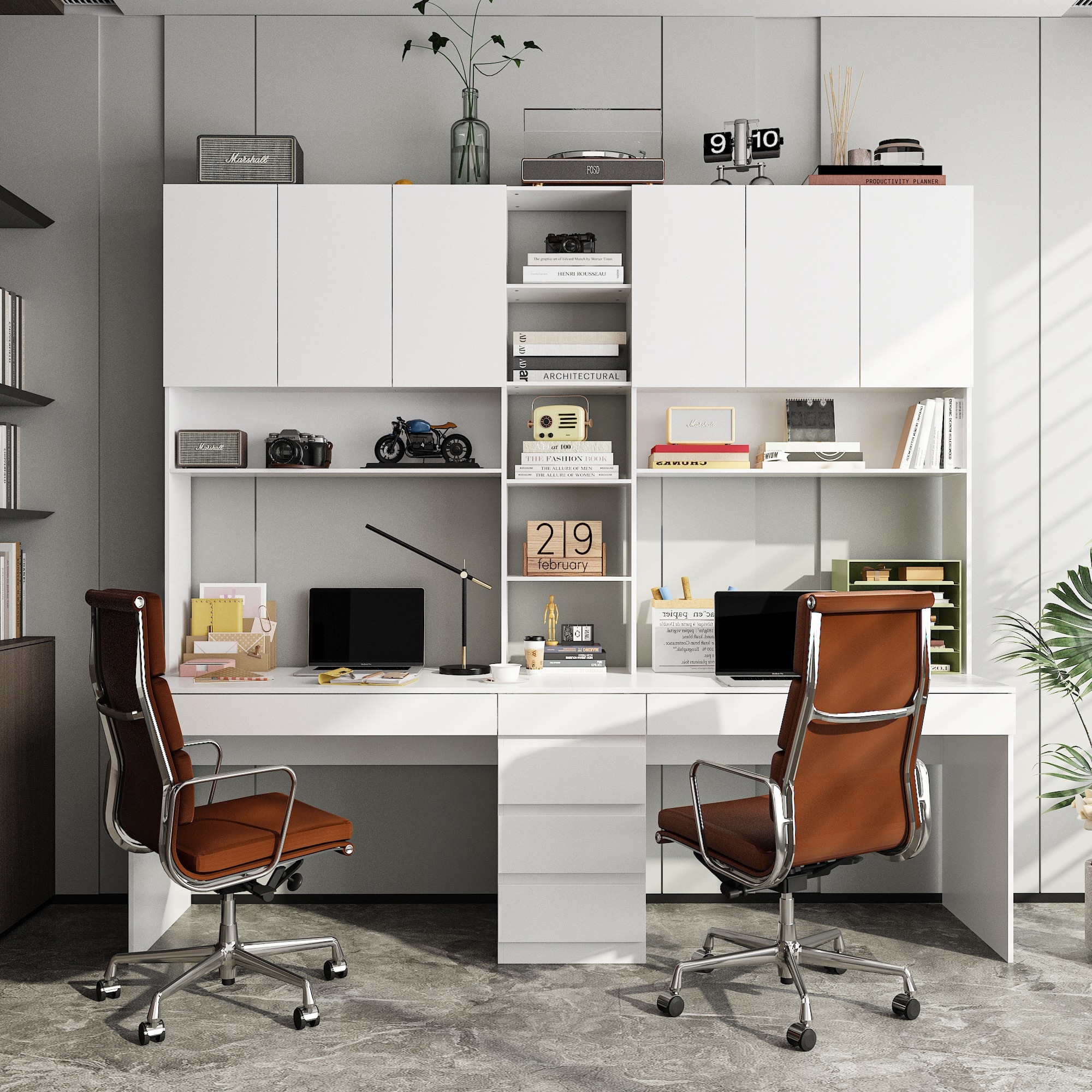 94.5" Double Computer Desk with Hutch, Wall Mounted Home Office Desk with Storage Cabinets, 2-Person Workstation