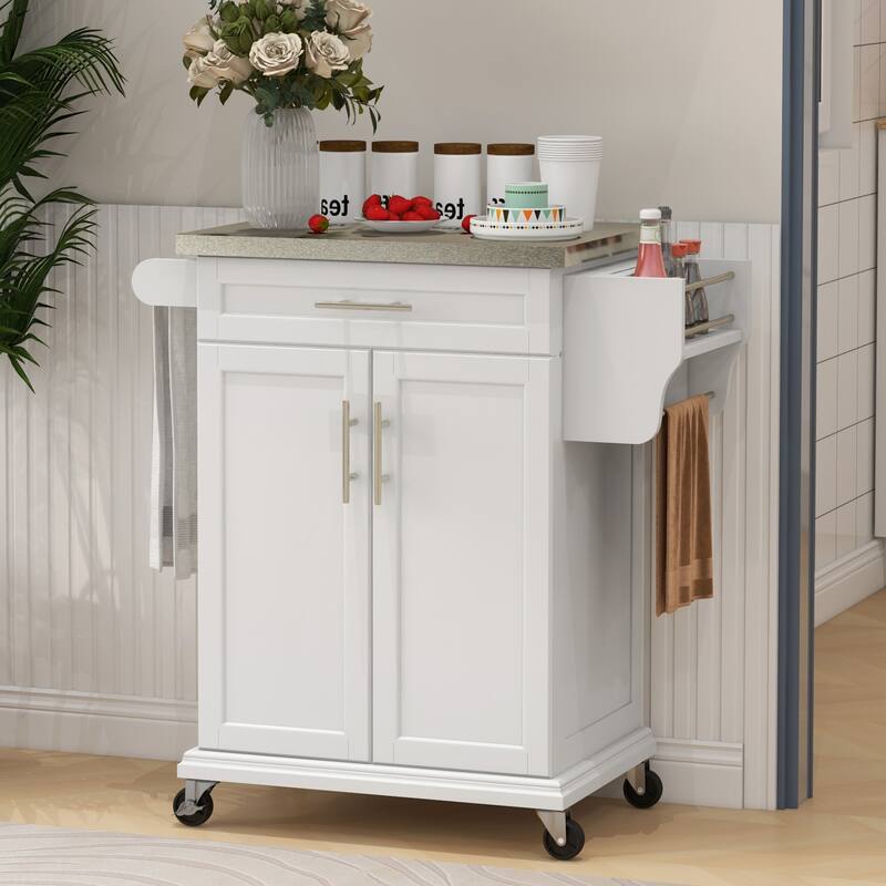 Kitchen Island on Wheels, Rolling Kitchen Cart with Stainless Steel Countertop, Drawer, Towel Rack and Spice Rack