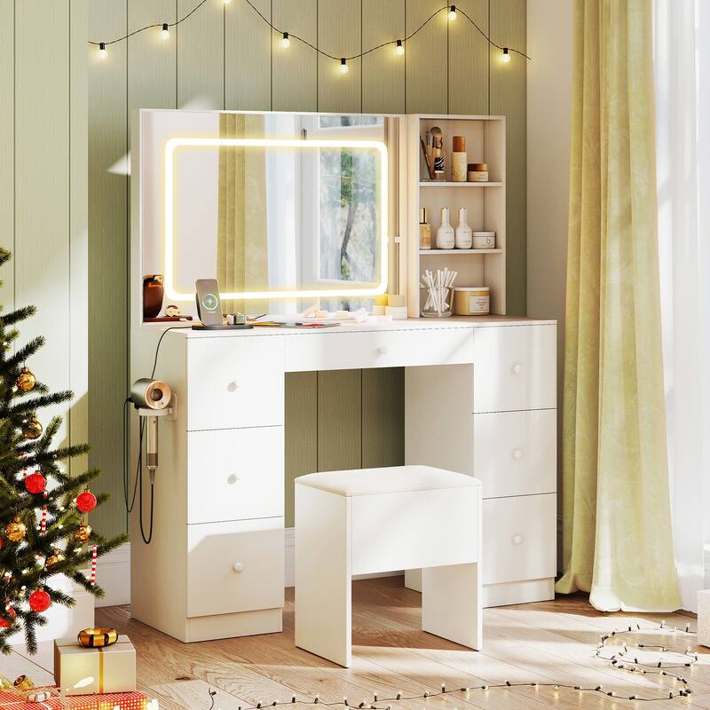 Vanity Desk and Stool Set with Lighted Mirror Built in Charging Station and Large Storage Drawers White - 46" x 16" x 56"