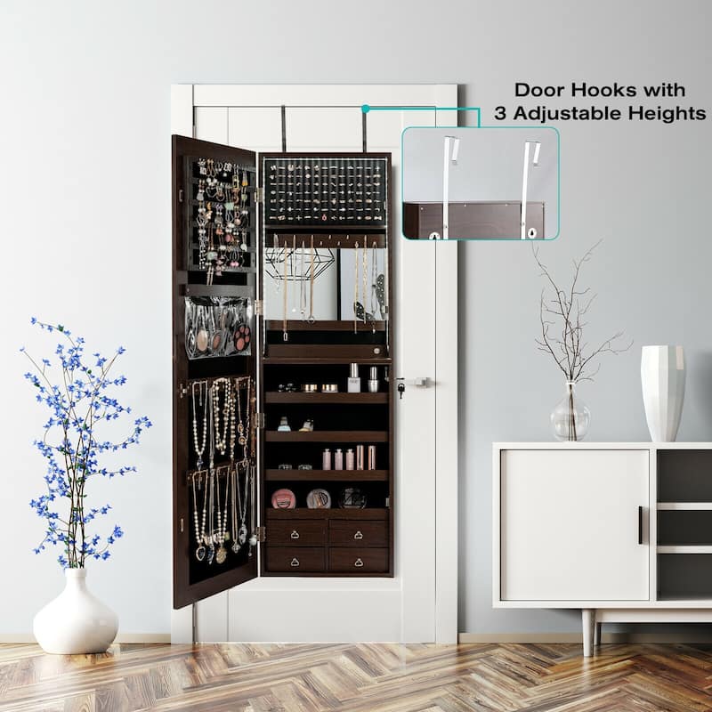 4 Drawers Multipurpose Jewelry Storage Cabinet with LED Light Dropleaf Board and Full-Length Mirror