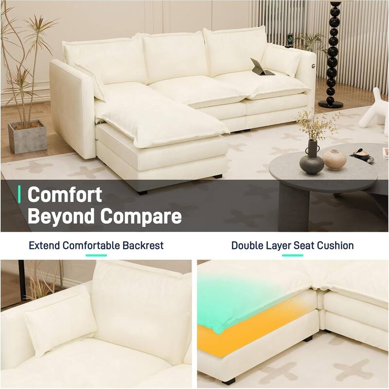 Modular Sectional Sofa L Shaped Couch, 3/4 Seat Sofa Set with Ottoman, Chenille Fabric