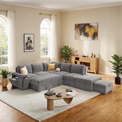 L-shaped Padded Modular Sofa w/Storage Space,USB Ports & Cup Holders