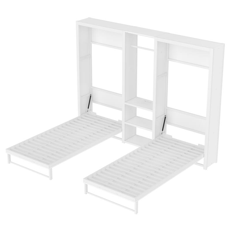 Space-Saving Twin Murphy Bed with Wardrobe, Shelves & Power Outlets - 2-in-1 Foldable Design
