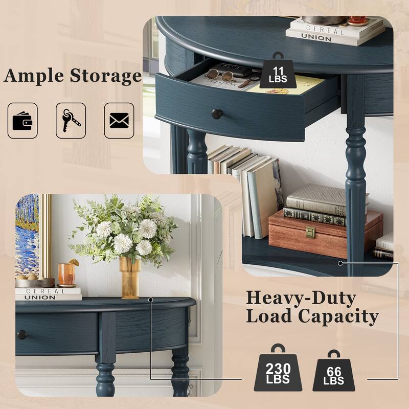 Farmhouse Half Moon Console Table with Drawer and Shelf, Rustic Solid Wood Entryway Sofa Table