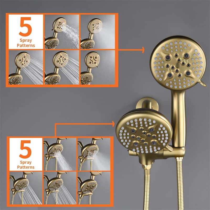 Wall Mounted Dual Head Shower Faucet with Tub Spout, Complete Pressure Balance Brushed Gold Tub Shower System Wth Hand Shower
