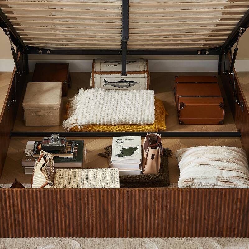 Queen Size Lift-Up Storage Bed Frame with Wooden Corrugated Curved Lines
