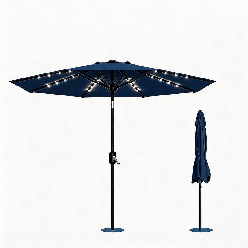 9 ft Patio Umbrella, 8 Sturdy Ribs, with Lights - Navy Blue