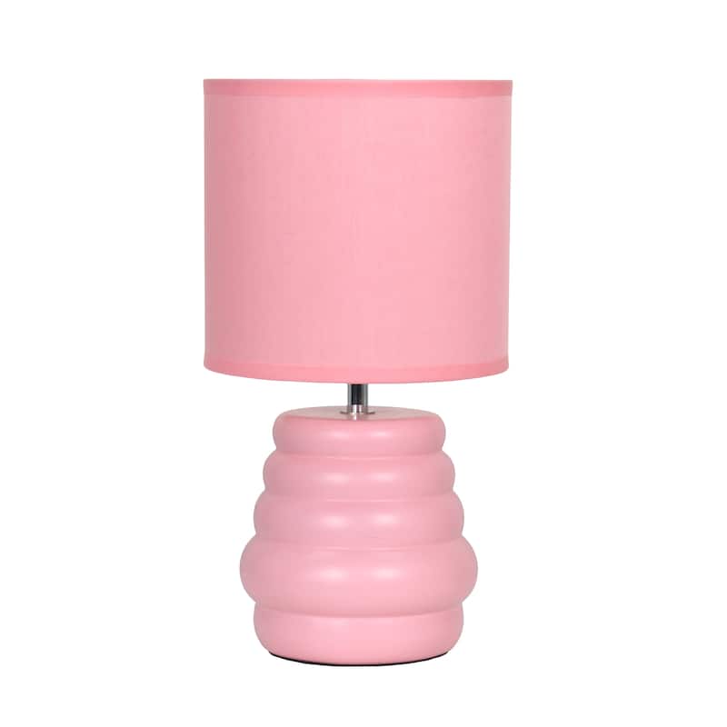 Stacked Ceramic Mini Table Lamp with Fabric Drum Shade Modern Sculptural Accent Lighting Compact Design - Pink