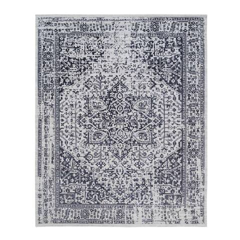 Shahbanu Rugs Charcoal Black, Wool and Plant Based Silk, Hand Erased Serapi Heriz Design, Jacquard Hand Loomed, Rug (8'0"x10'0")