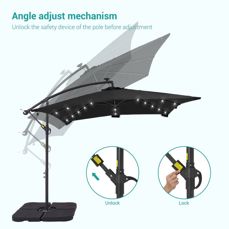 LIVOOSUN 8.2Ft LED Square Offset Hanging Patio Umbrellas w/Base