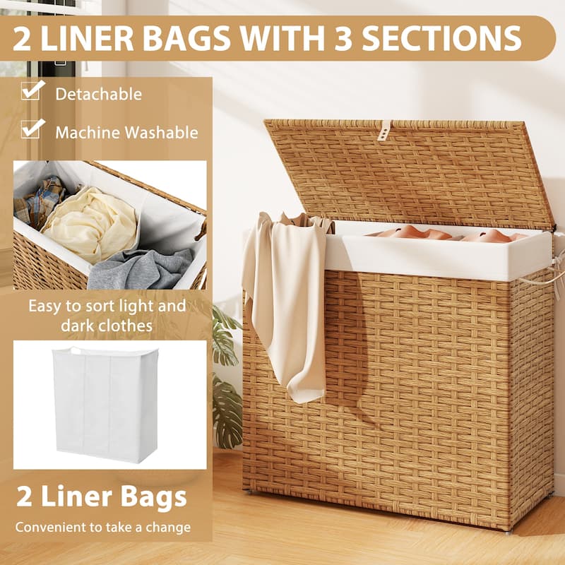 Gymax Laundry Hamper w/Wheels & Lid 125L 3-Section Clothes Hamper w/2