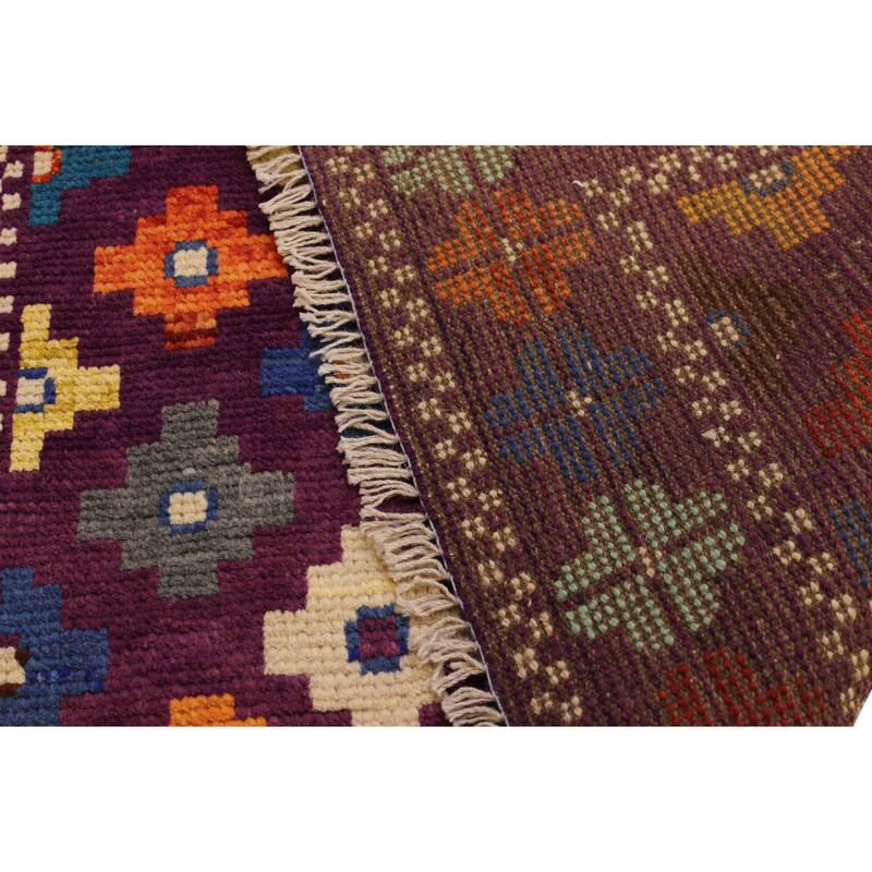 Rustic Balochi Hahn Purple/Green Hand Knotted Wool Rug - 3'4'' x 4'11''