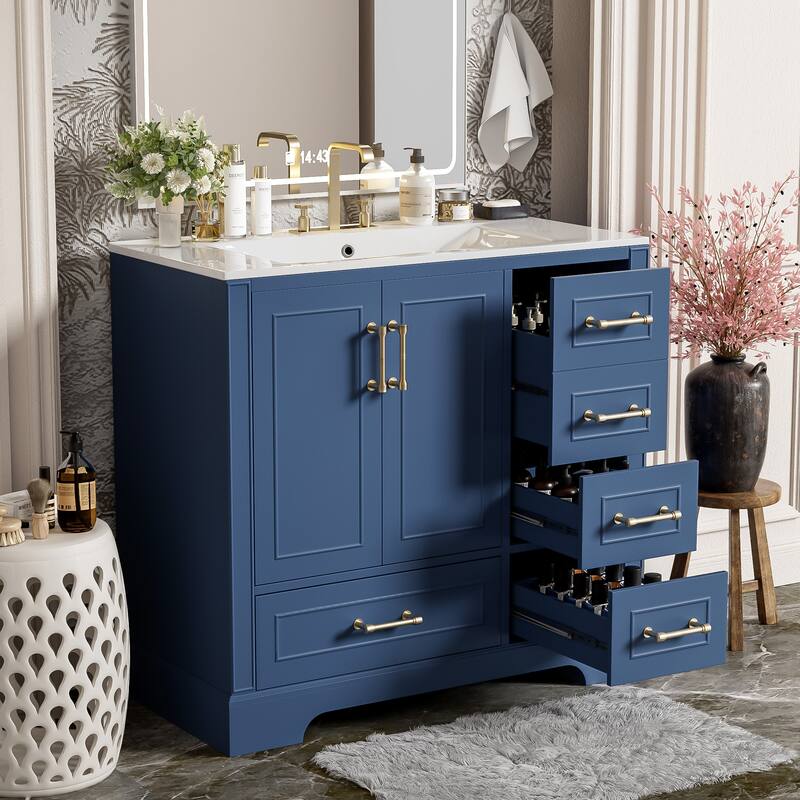 Traditional Bathroom Vanity with Ceramics Sink, Freestanding Cabinet with 3 Side Drawers, Bottom Drawer and 2 Soft Close Doors