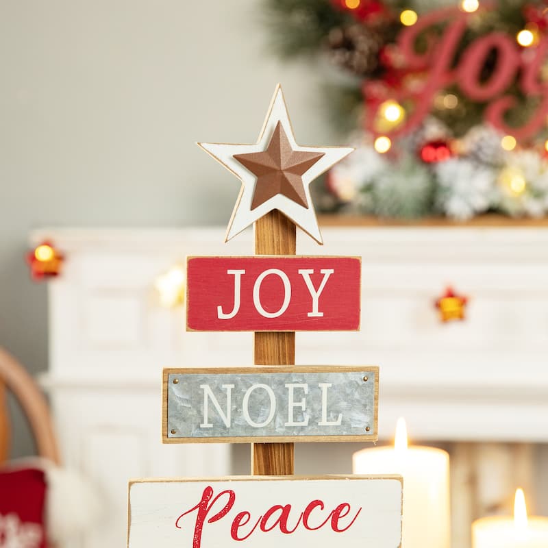 Glitzhome Christmas Tree Shaped Wooden Nativity Sign Table Decor for Holiday Party