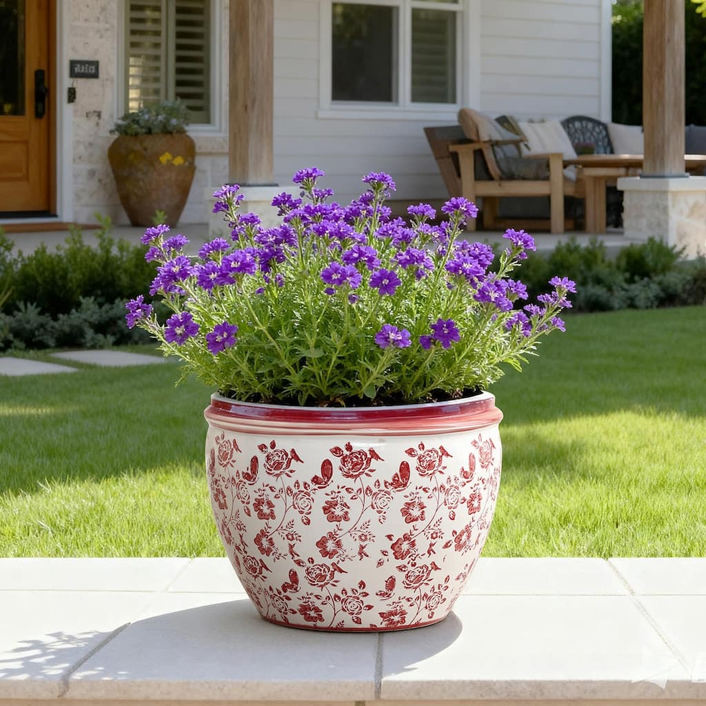 Red Floral Ceramic Planter, Round, Indoor & Outdoor Garden Pot