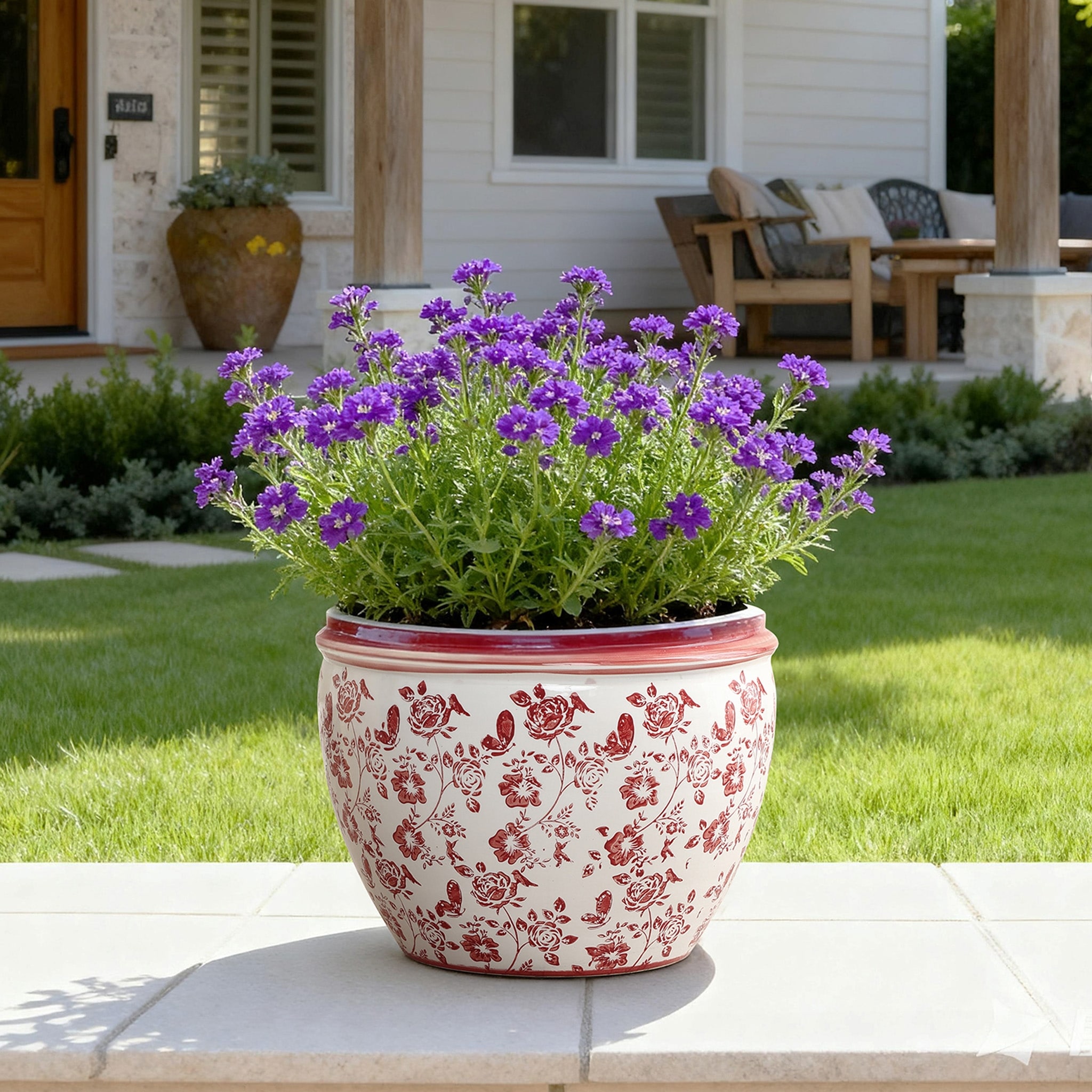 Red Floral Ceramic Planter, Round, Indoor & Outdoor Garden Pot