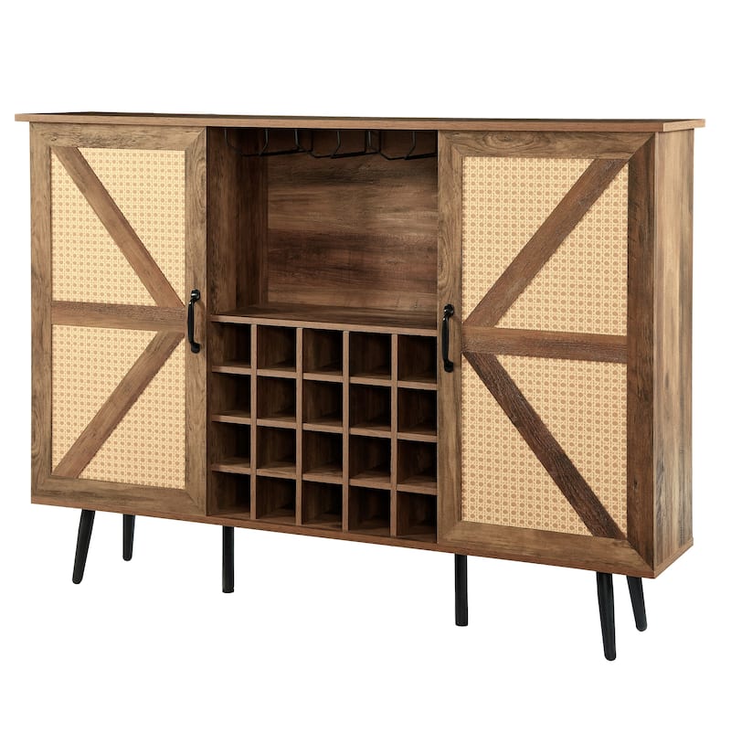 Rustic Wood Storage Cabinet with Wine Rack and Wine Glass Rack