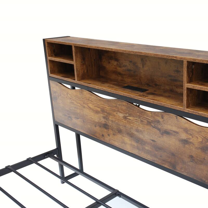 Storage Bed Frame Bookcase with Power Outlets, 2 Storage Drawers Included, Platform Bed Frame🛍️🛒