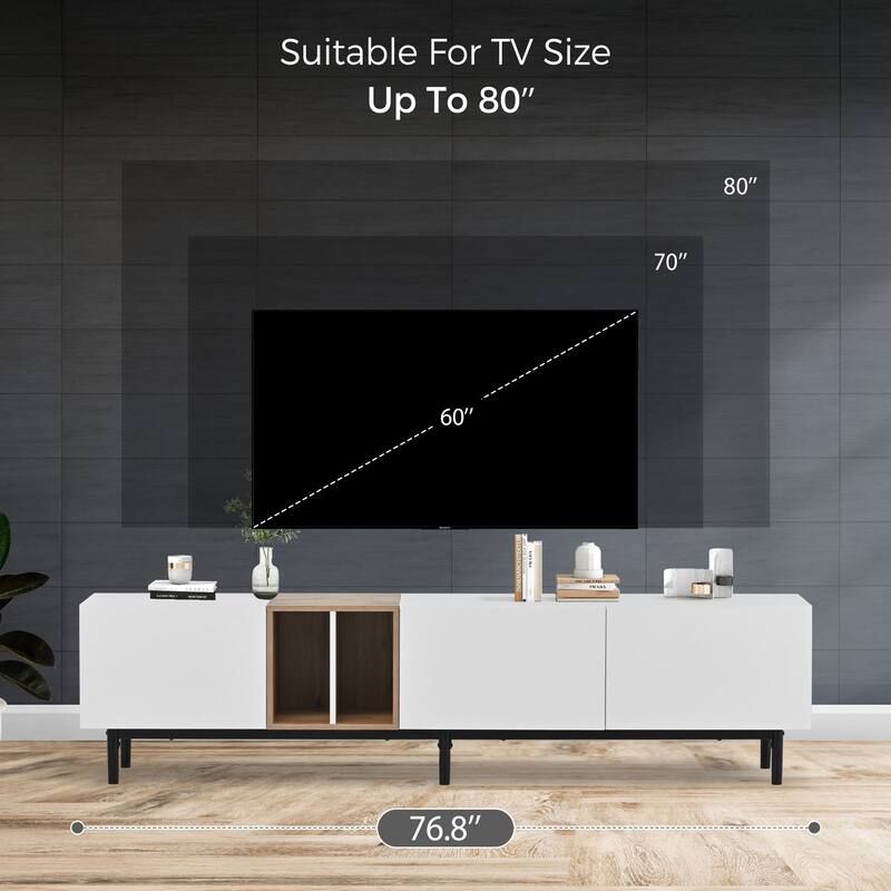 Modern TV Stand for 80'' TVs with 3 Doors, Concealed Storage and Pull-Down Cabinet Doors, for Living Rooms Bedrooms, White