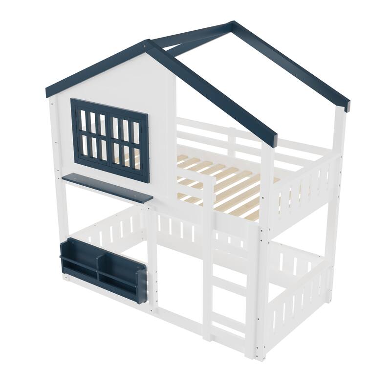 Fairytale House Bunk Bed Wood Loft Bed Frame with Bookshelf and Shelf